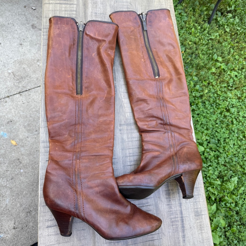 FRYE Dannika Piping Zip Convertible Knee High Foldable Brown Leather Boots 8.5